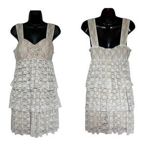 Olsenboye Lace Tiered Ruffle Dress Off White Lace Over Nude Beige Liner Sz L NWT